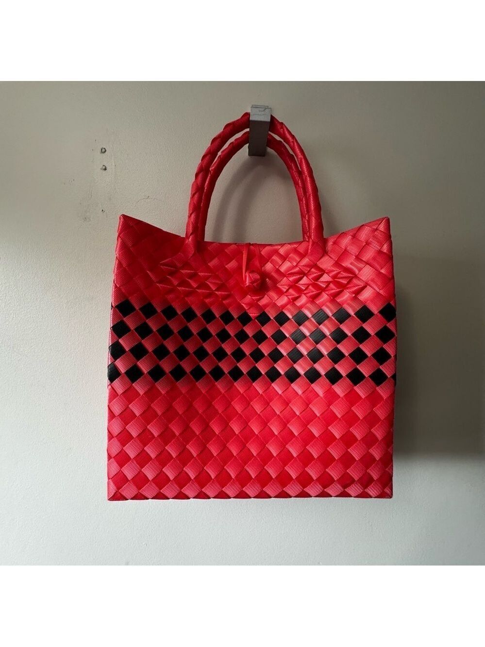 Stylish Red and Black Woven Tote Bag